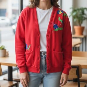 Vintage Jerzees Red Sweater with Blue Design One Size Fits all